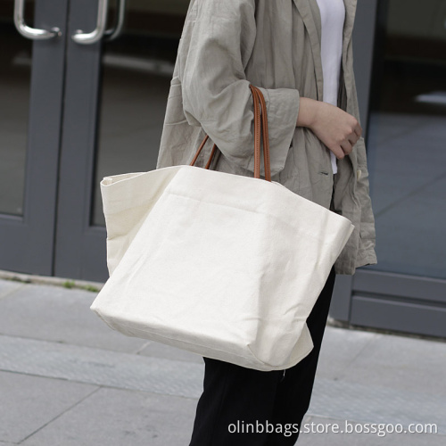 Plain Canvas Shopping Tote Bags with PU Handle